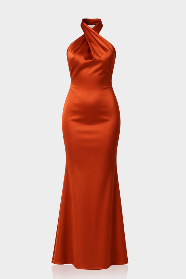 S Sienna Satin High Neck Crisscross Halter Maxi Dress – Elegant Mermaid Formal Gown