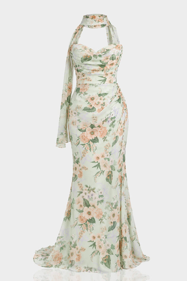 S Sage Green Floral Chiffon Maxi Dress – Strapless Romantic Wedding Guest Gown with Scarf