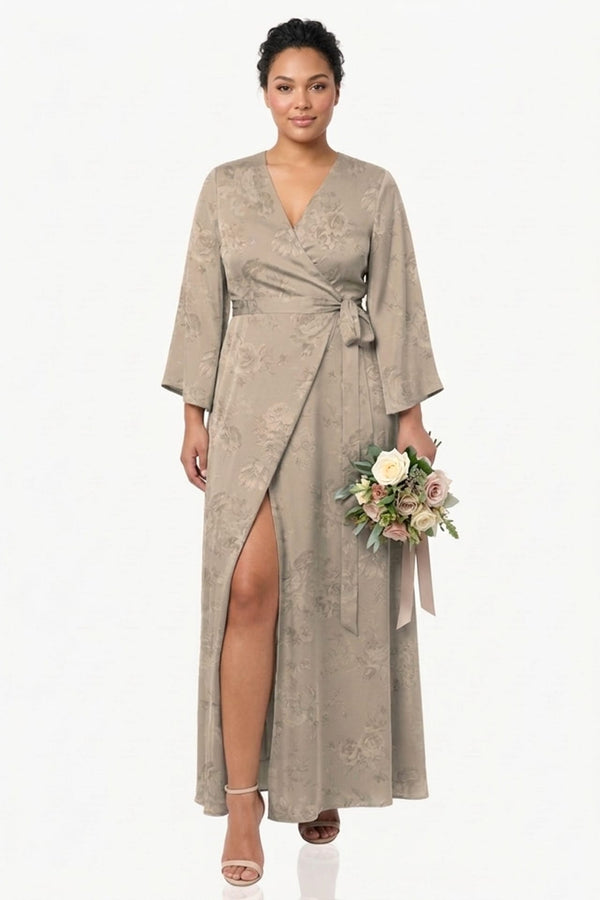 taupe bridesmaid dresses Taupe Satin Wrap Maxi Dress