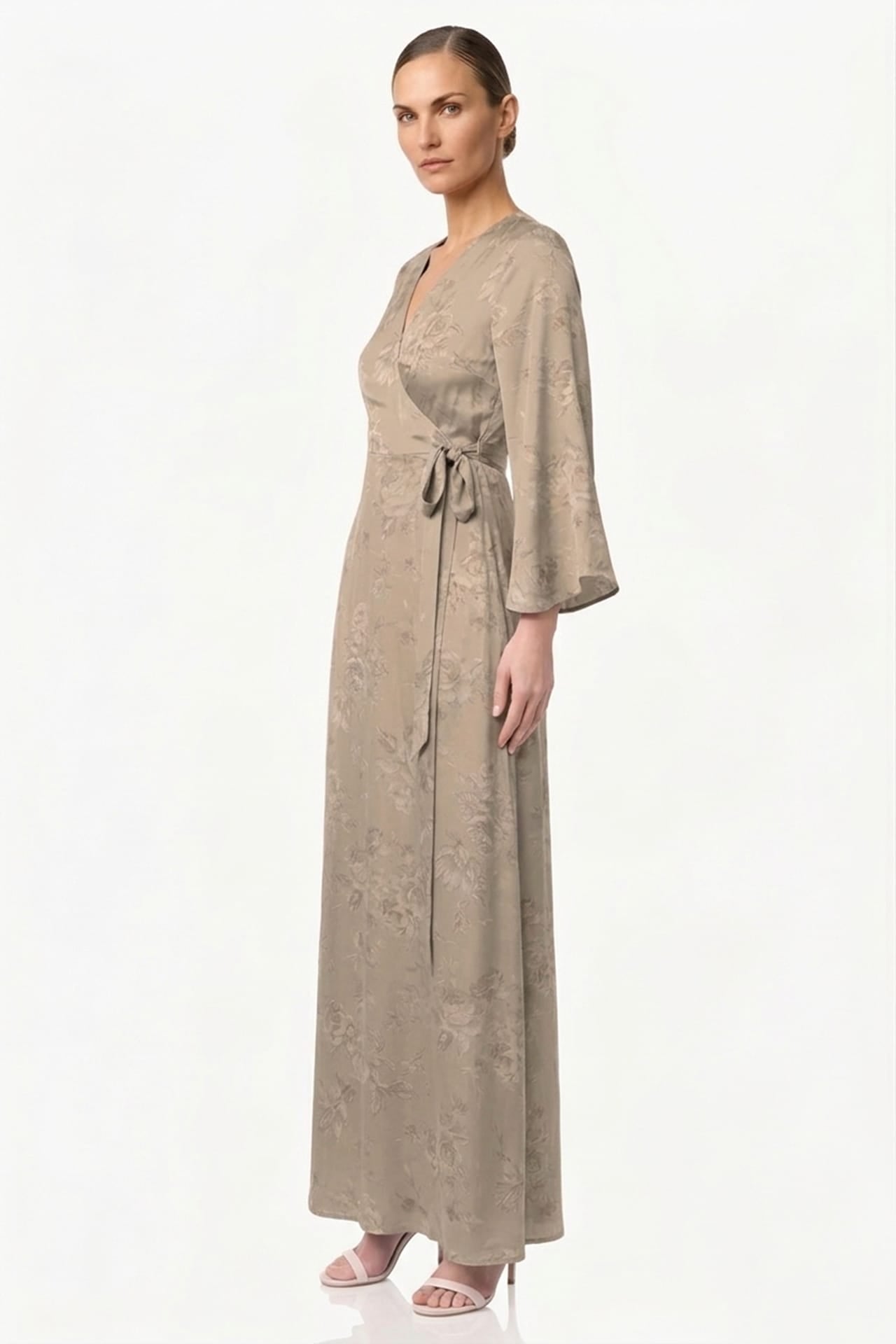 taupe wedding guest dress Bridesmaid Dress, Beige Dress, Asymmetrically Midi Wrap Dress, Beach Garden Wedding Party Dress, Short Sleeve line silhouette and finishes at a midi hem Taupe Straps V-Neck Long Wedding