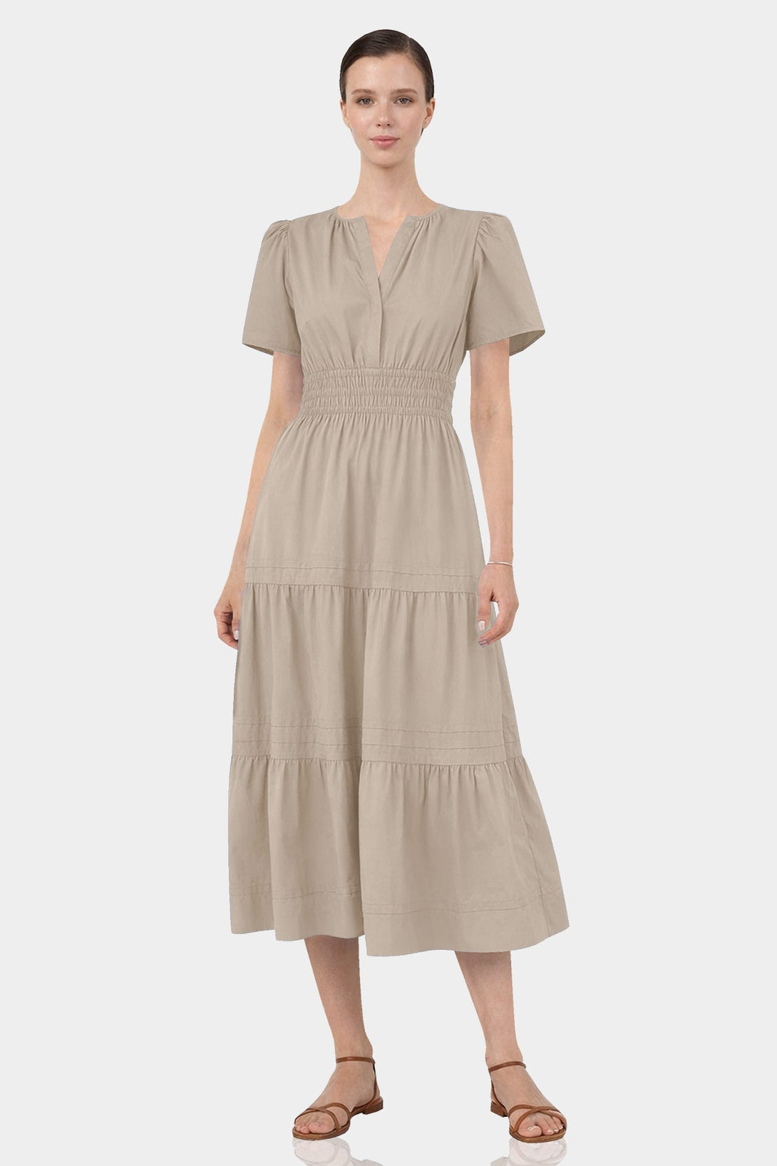 smocked waist cotton dress Plunge Neck Embroidery Smocked Waist Ruffle Hem Cotton Dress