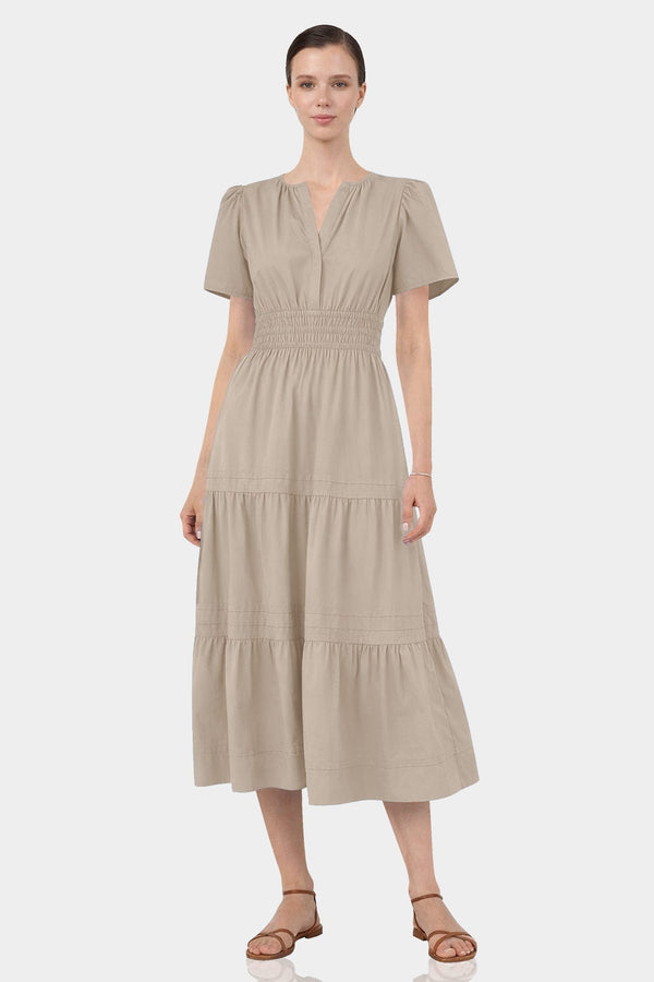 beige summer midi dress Lulus Italian Summer Beige Linen Button-up Short Sleeve Midi Dress
