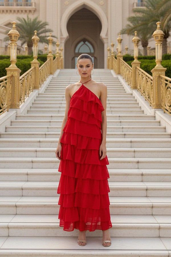 Atalanta Spicy Red Tiered Ruffle Dress With Halter Neckline