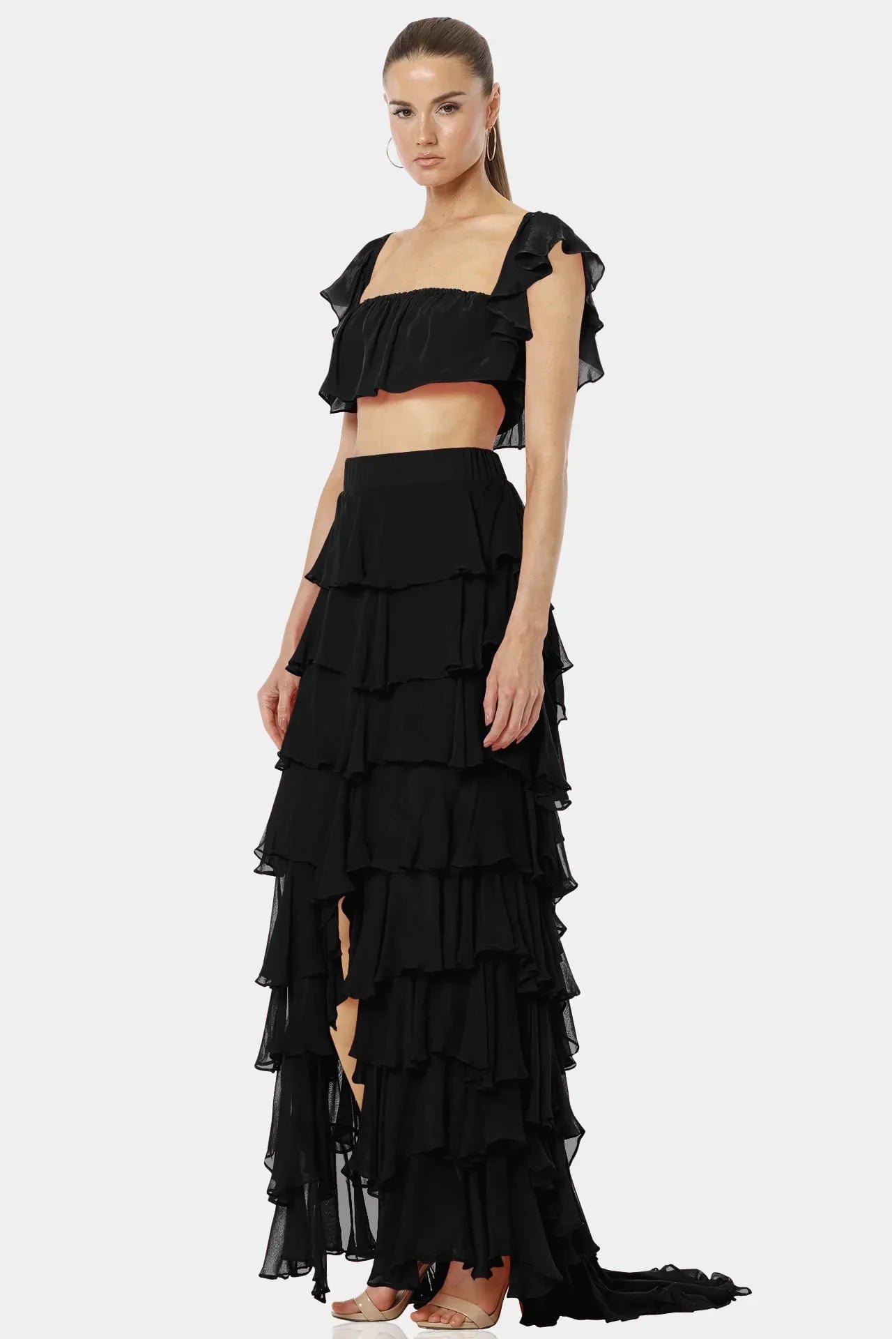 Tiered Ruffle Maxi Skirt | Long Black Tulle Skirt | Qishma