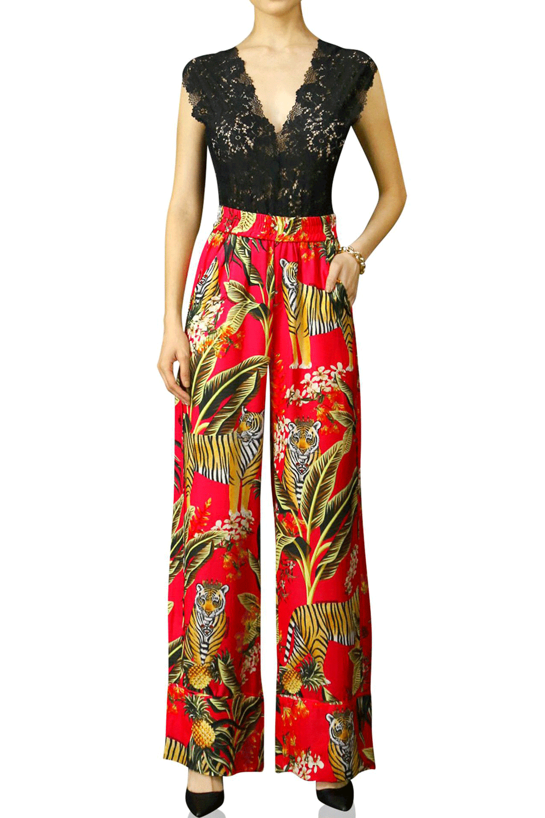 chic resort wear, premium designer pants, runway style outfit, stylish statement pants, elegant silk fashion