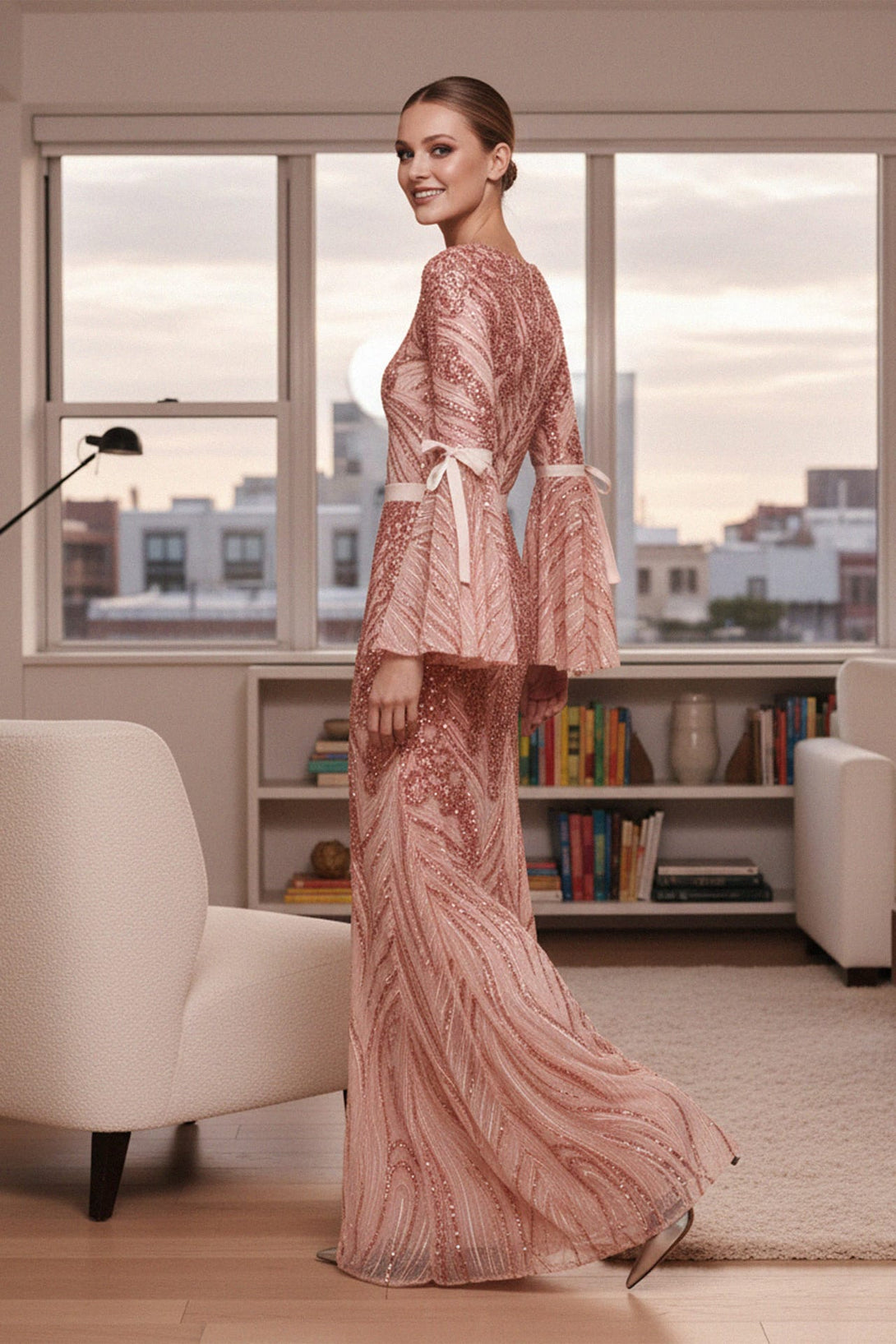 Blush Embellished Evening Gown with Bell Sleeves, Shahida,