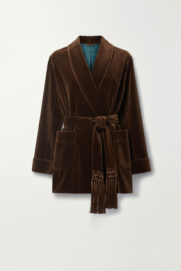 Elegant brown velvet coat with waist belt and collar, Shahida,