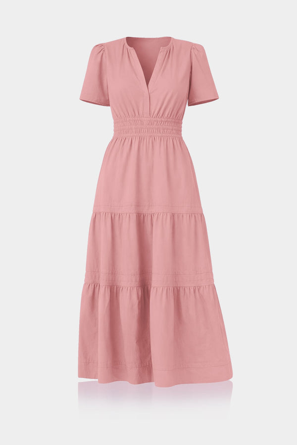 Standard / S Dusty Rose Tiered Hem Cotton Midi Dress – Travel-Friendly Midi Dress