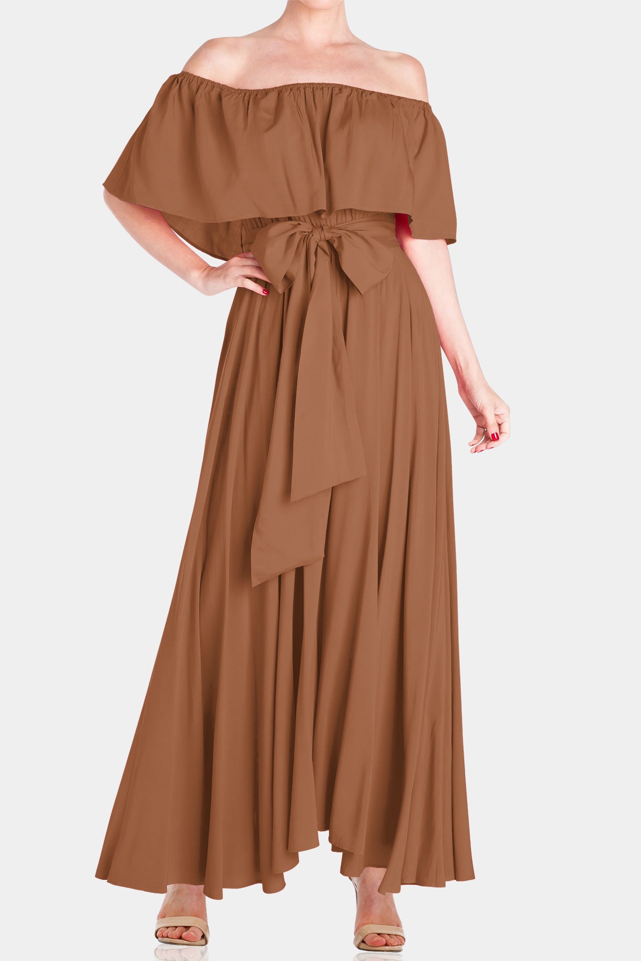 Brown Off-Shoulder Maxi Dress – Stylish Look for Any Occasion – Shahida