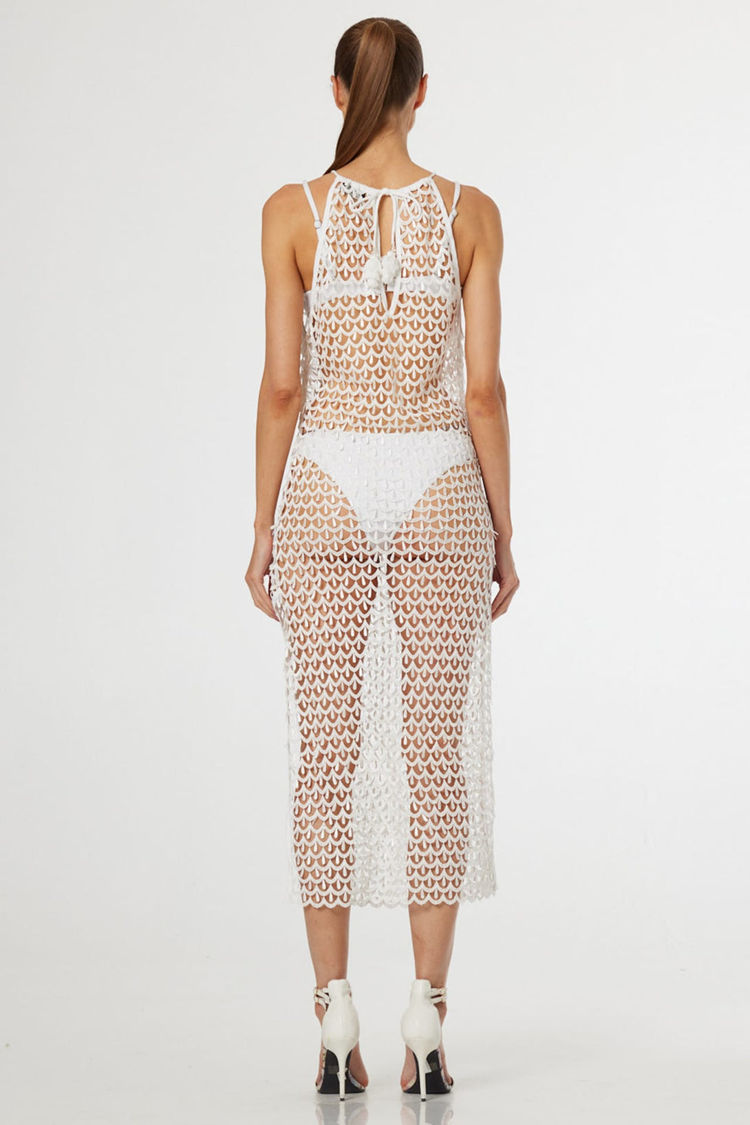 S White Sheer Crochet Halter Maxi Dress for Luxury Beach Clubs, Yacht Vacations & Resort Wear