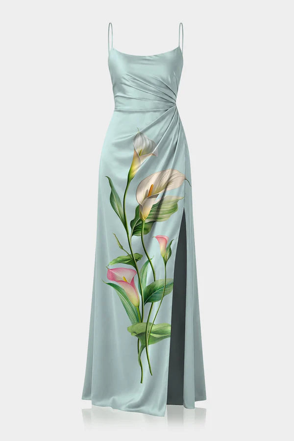 Sky Blue Calla Lily Print Draped Satin Maxi Dress with Neck Scarf