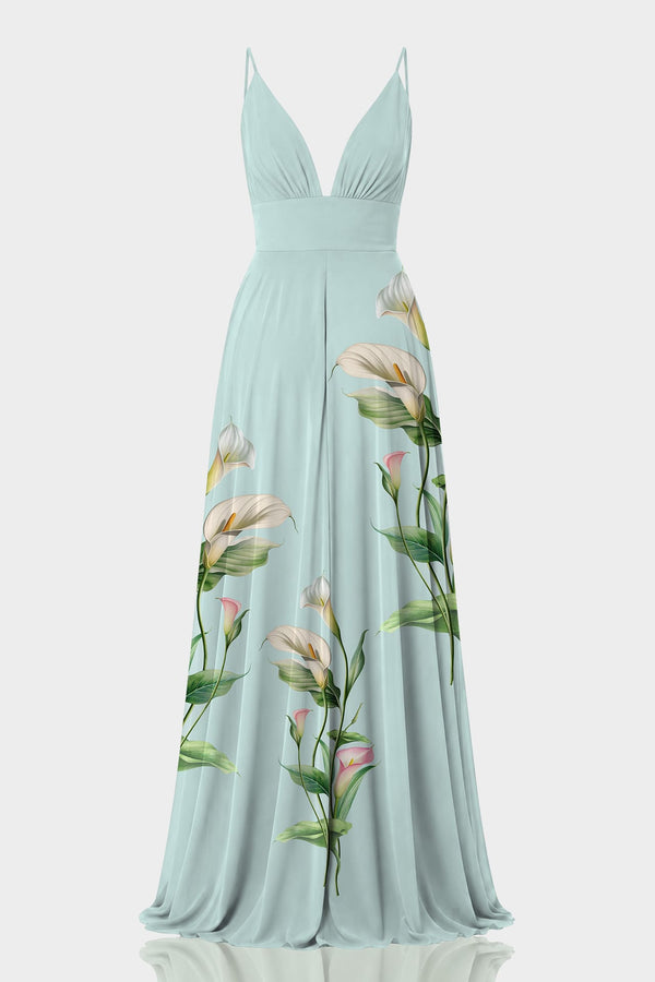 light green floral bridesmaid dress S Mint Lily Print Floor-Length Chiffon Maxi SIZE - True to U.S. Size (Regular Width):14 Lace & Beads - <$100 Line Silhouette