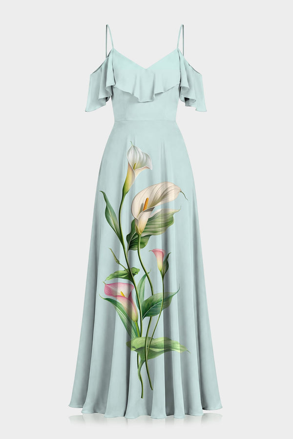cold shoulder maxi dresses Blue Calla Lily Satin Dress Core Colors:Blue July short-name:Crochet White Navy Flutter Cold Shoulder Women Sexy Square Neck