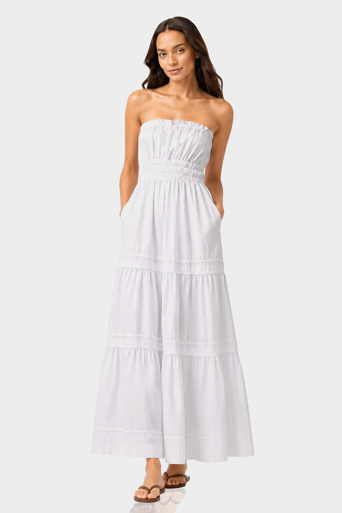 S White Premium Breathable Cotton Tiered Strapless Maxi Dress – Wedding Guest Dress