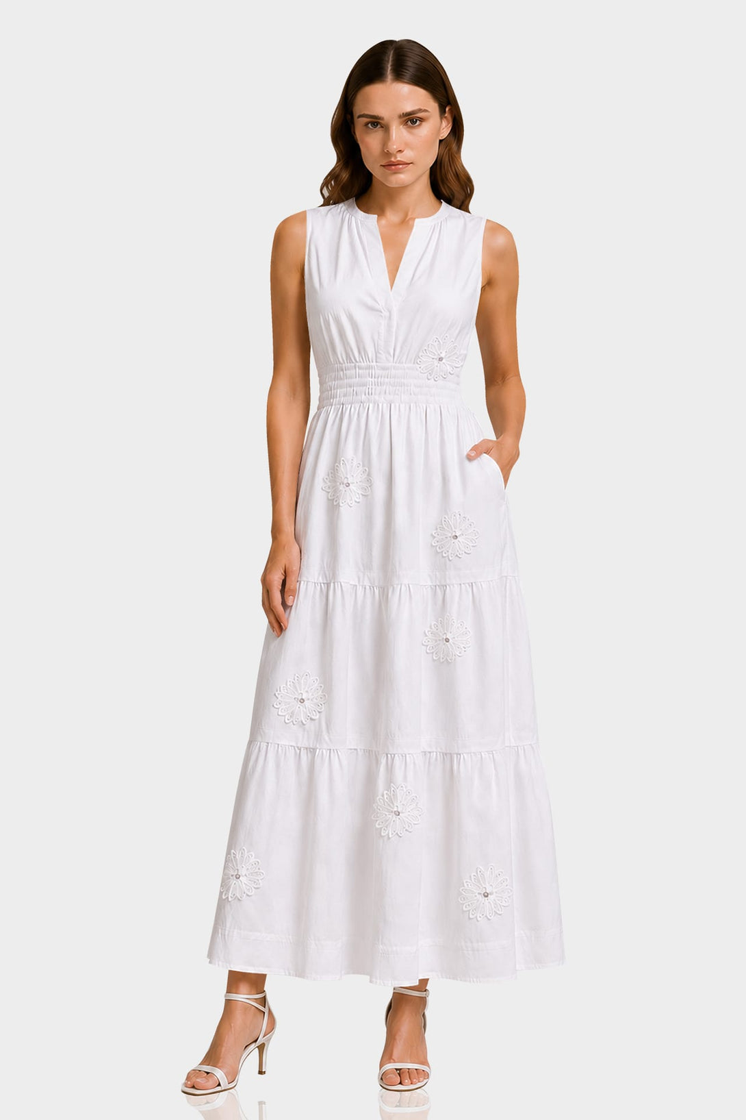 honeymoon maxi dress White Floral Fabric dress for vacation Black leather Zip Front Midi Skirt (Size):Medium Peony Embroidered Long Dressing
