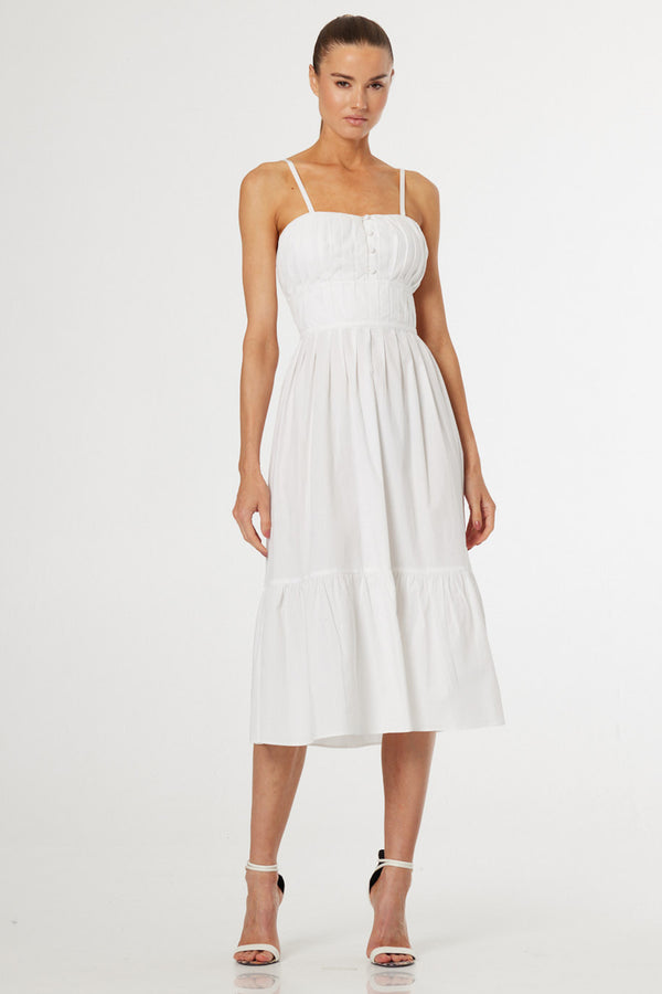 S Luxury White Cotton Midi Dress with Open Back & Feminine Tiered Silhouette