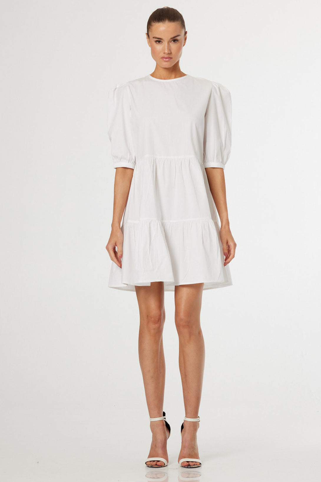 cotton poplin tiered mini dress White Plus Cotton Poplin Tiered Mini Dress