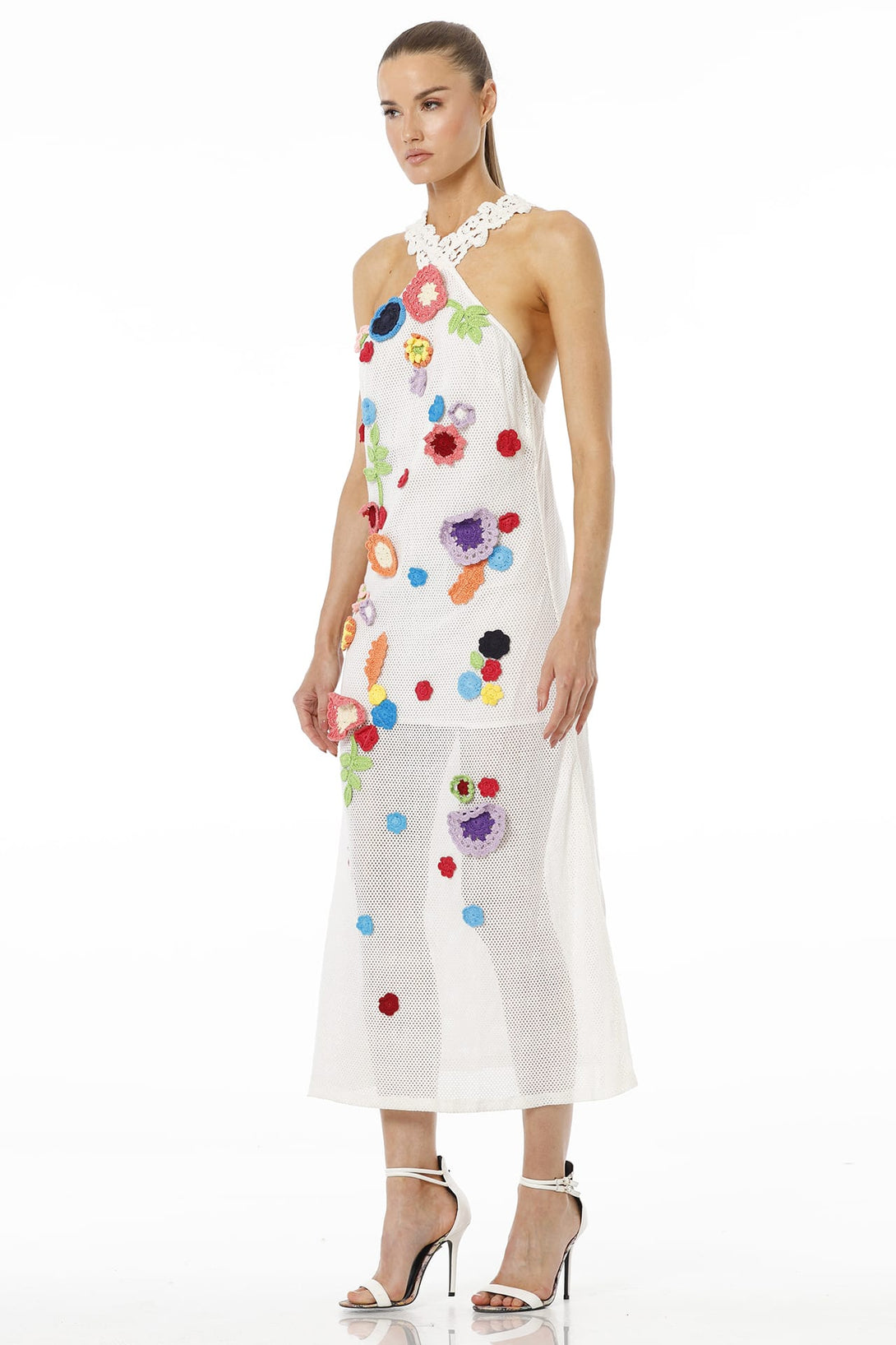 Small White Sheer Mesh Crochet Floral Halter Midi Dress-Vacation Statement Dress