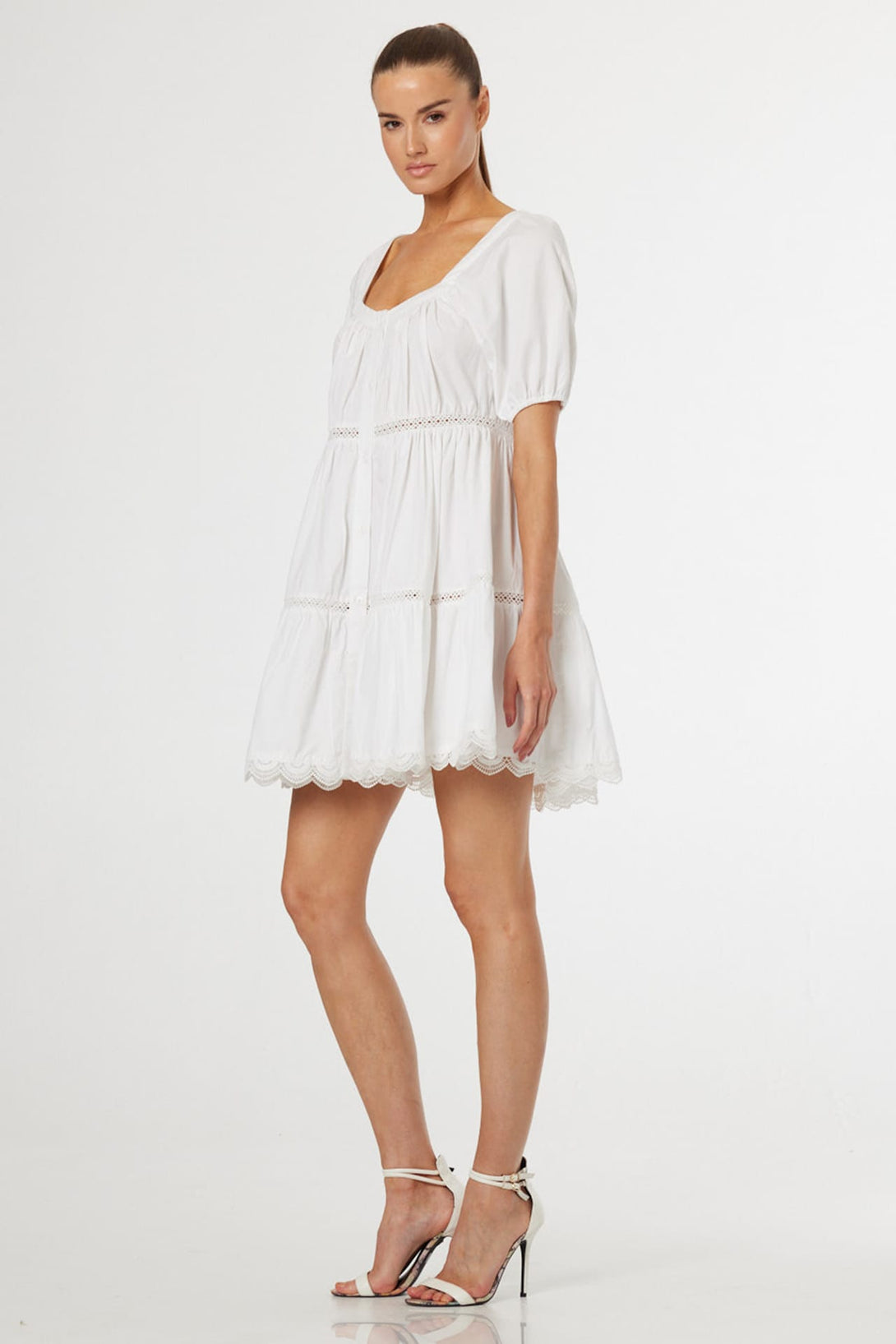 white guipure lace dress S Luxury Voile & Tiered Mini with Square Neckline, Puff Sleeves & Scalloped Lace Hem Size:66 Short La Femme 27126 Dress weather styling rc member price