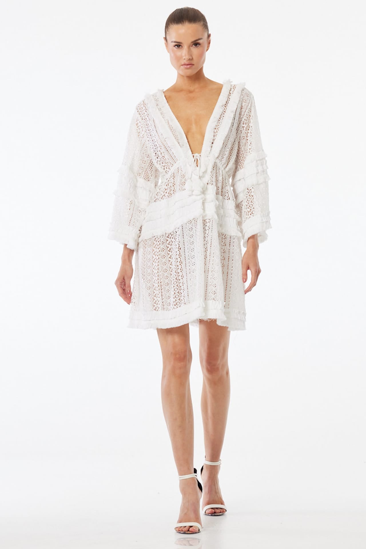 white mini dress vacation Sheer Lace Resort for Beach Vacations – Shahida Parides Color:Opaline Susan Graver Liquid Knit The Girls Day White SEASONALCORE