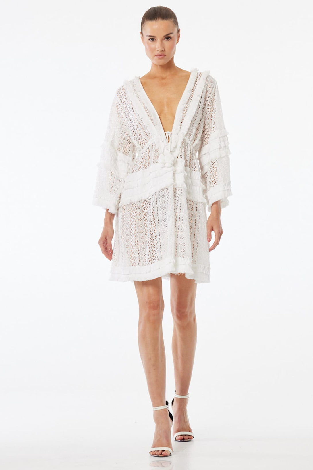 White Sheer Lace Mini Resort Dress for Beach Vacations – Shahida Parides