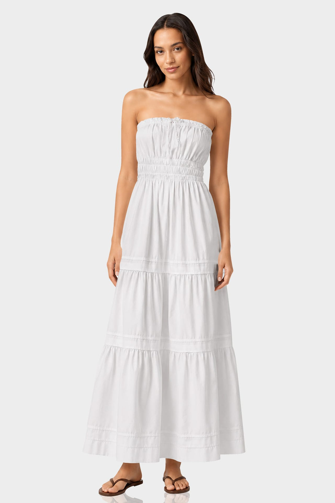 S White Premium Breathable Cotton Tiered Strapless Maxi Dress – Wedding Guest Dress