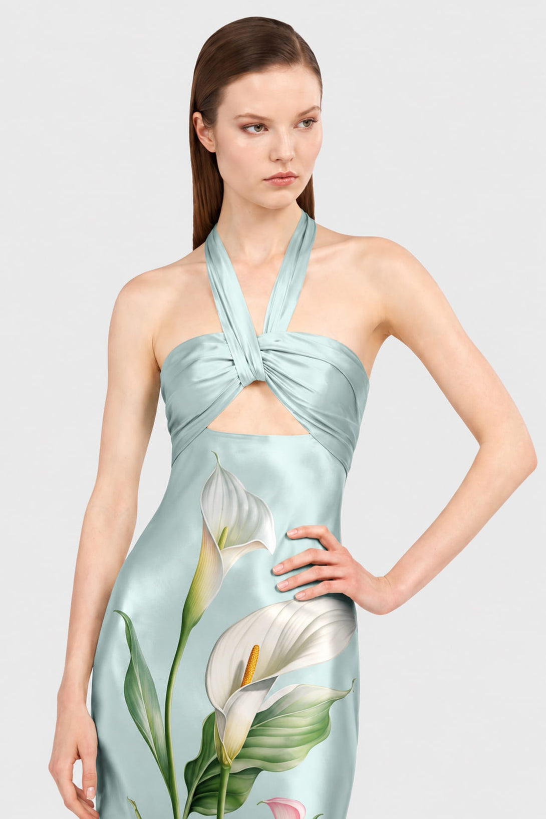 mint floral halter dress White Reverie Satin global-supplier-Arnav Embroideries Pvt Ltd
