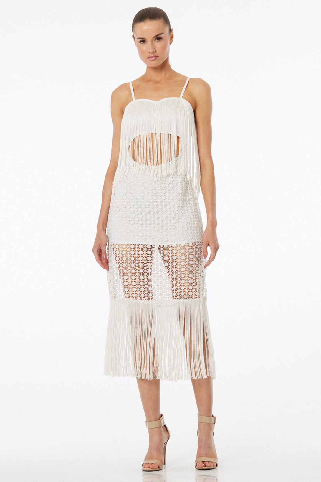 S Luxury White Fringe Crochet Midi Dress with Sheer Lace Detail
