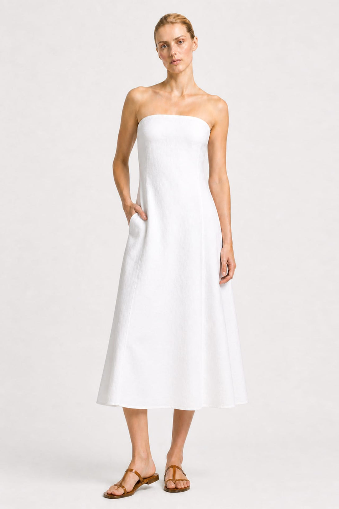 strapless cotton midi dress S White Strapless Organic Cotton Poplin Midi Dress for Modern Brunch Dates