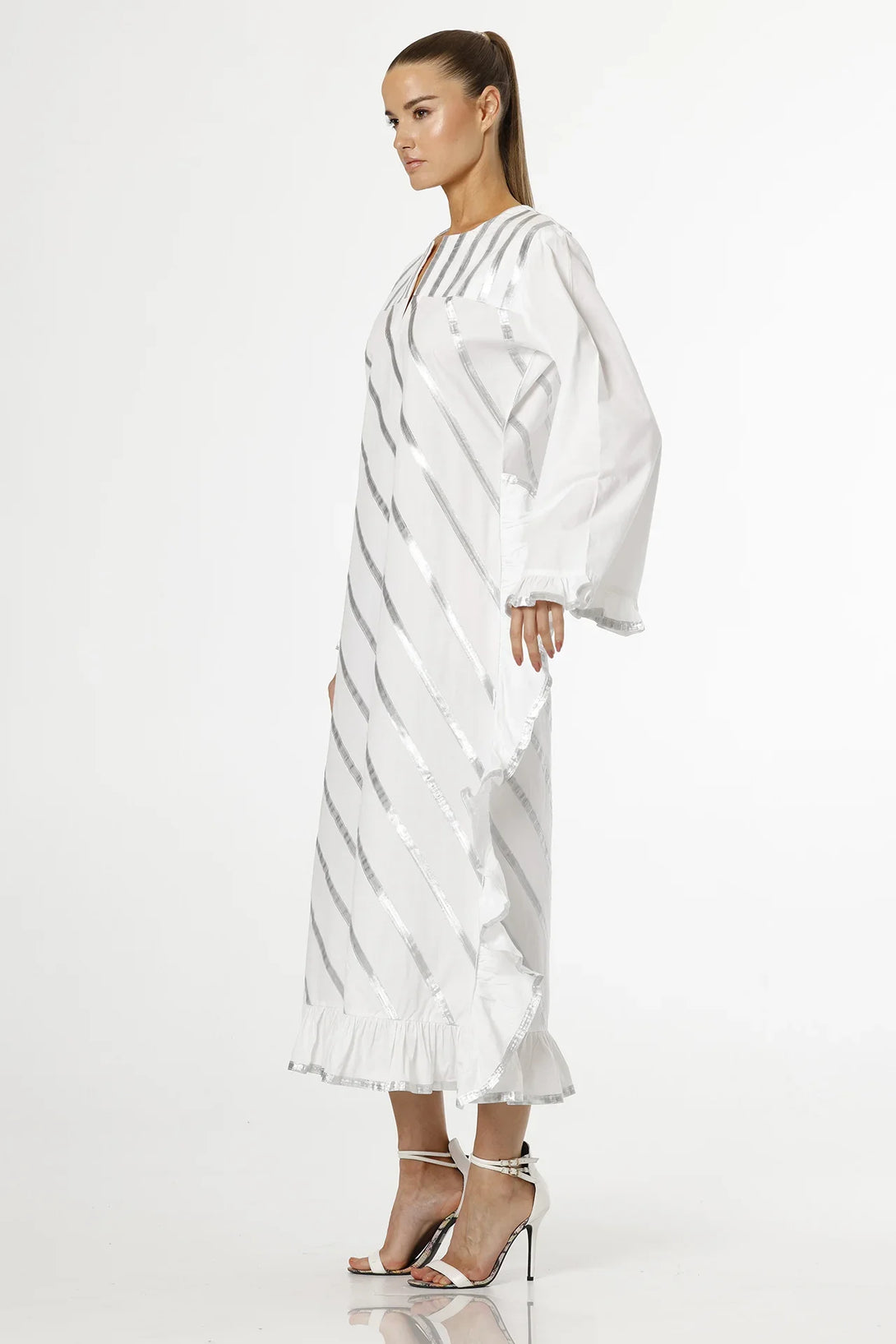 white summer dress designer S Luxury White Puff Sleeve Midi Dress with Smocked Bodice