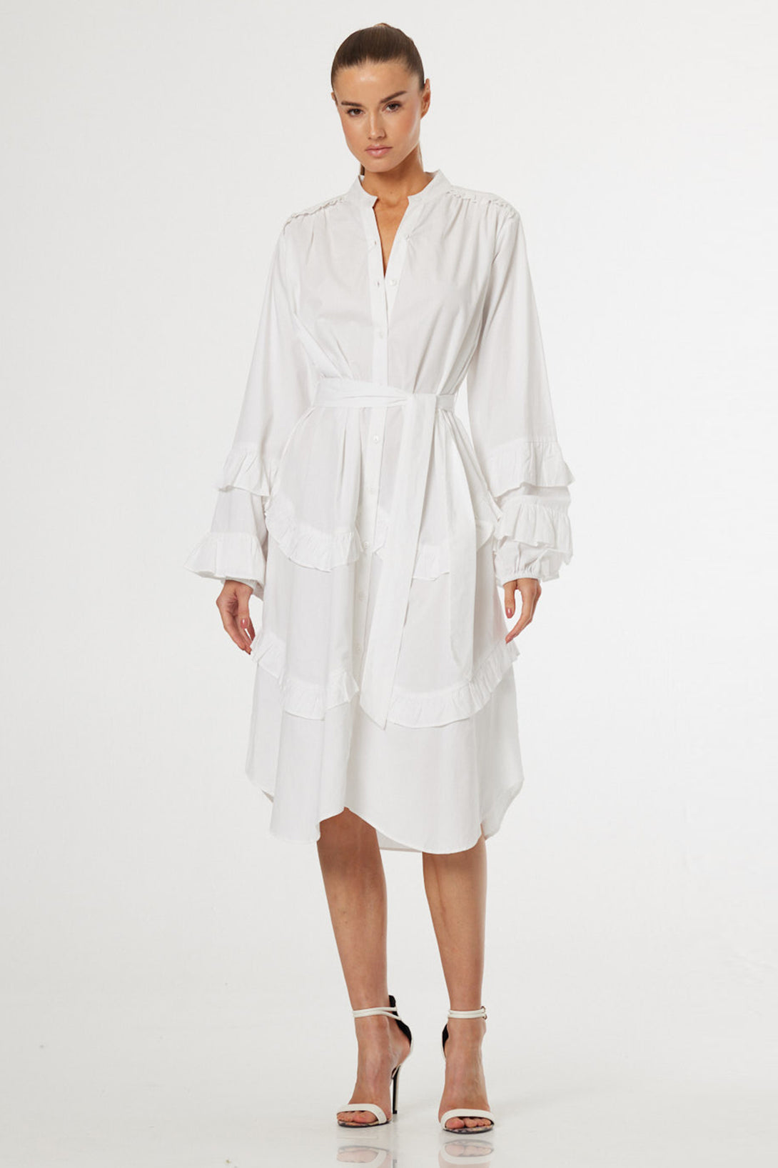white midi ruffle dress S Luxury Shirt with Sleeves & Tie Waist bodycon satin mini dress White (Without Plaid) Deep Sapphire Blue Premium Waist:W-33