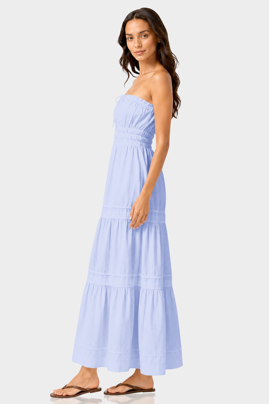 S Icy Blue Tiered Cotton Sundress for Summer Getaways – Smocked Waist Cotton Maxi Dress