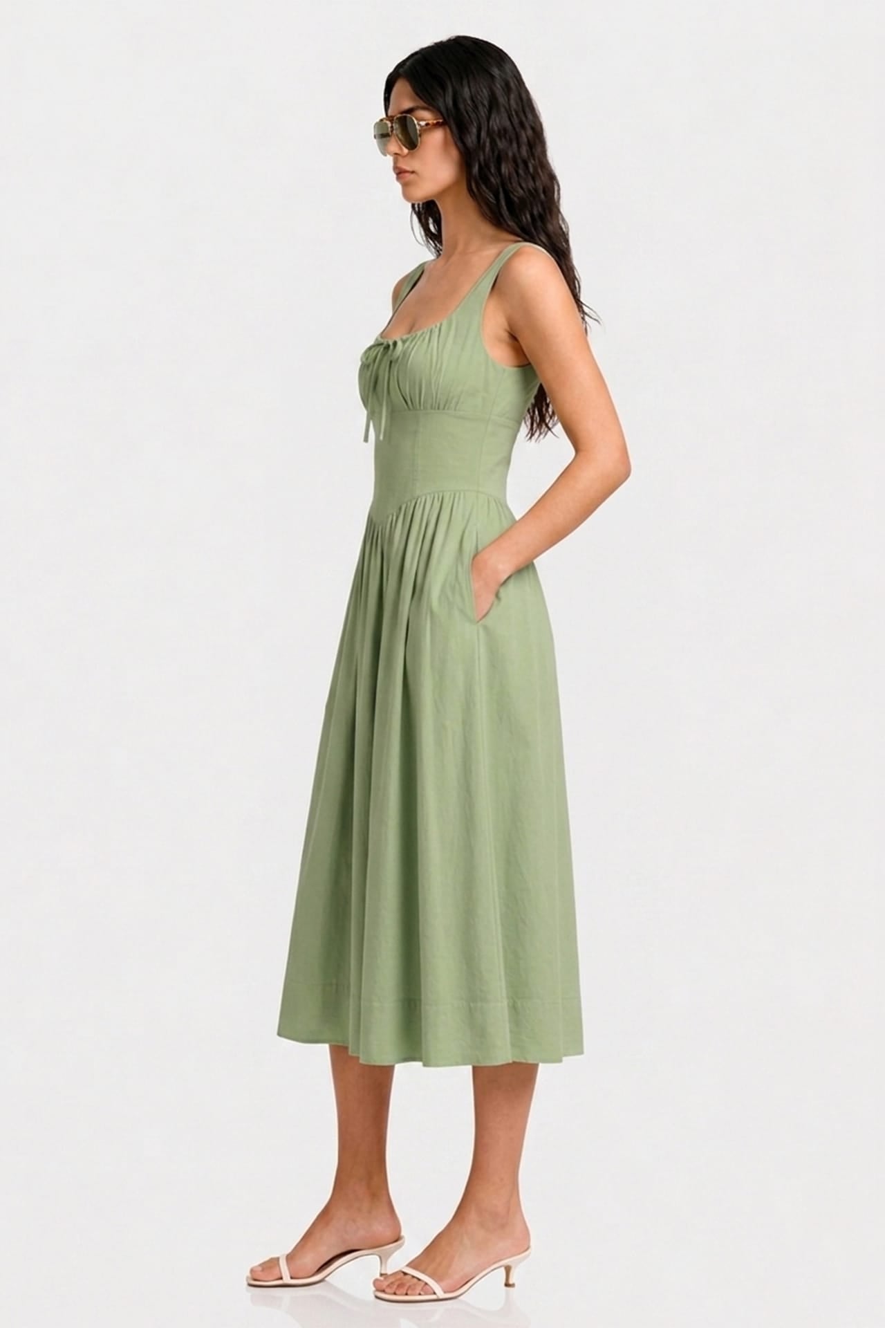 sage green linen dress Flower Girl Dress: Boho Toddler With Bow This sleeveless dress features a classic square neckline and a convenient back zip closure S Contemporary Sage Linen Square