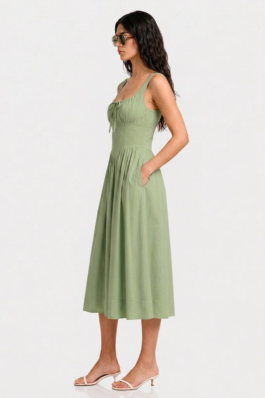 sage green linen dress Serene Forest | Handwoven Linen Fabric The sage green dress has a drawstring neckline and soft elastic around the arms with a vintage detail The Shirtdress in Linen |