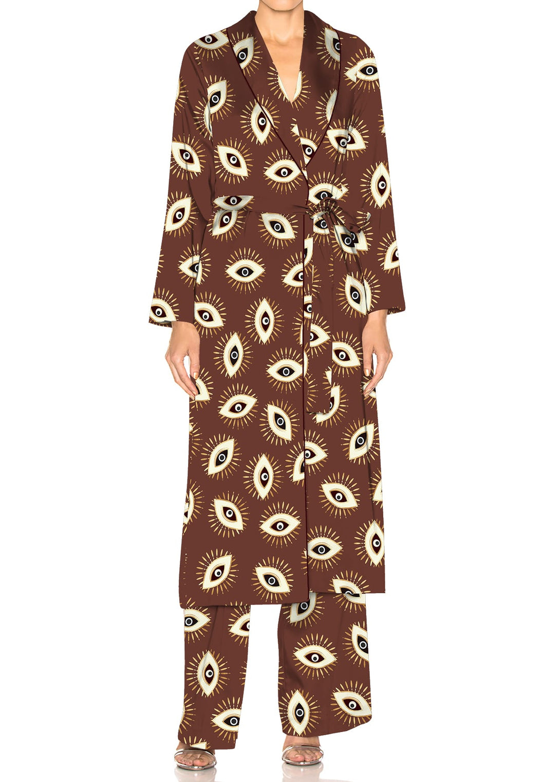 evil eye sleepwear, shahida loungewear, matching robe set, women’s nightwear, spiritual print outfit