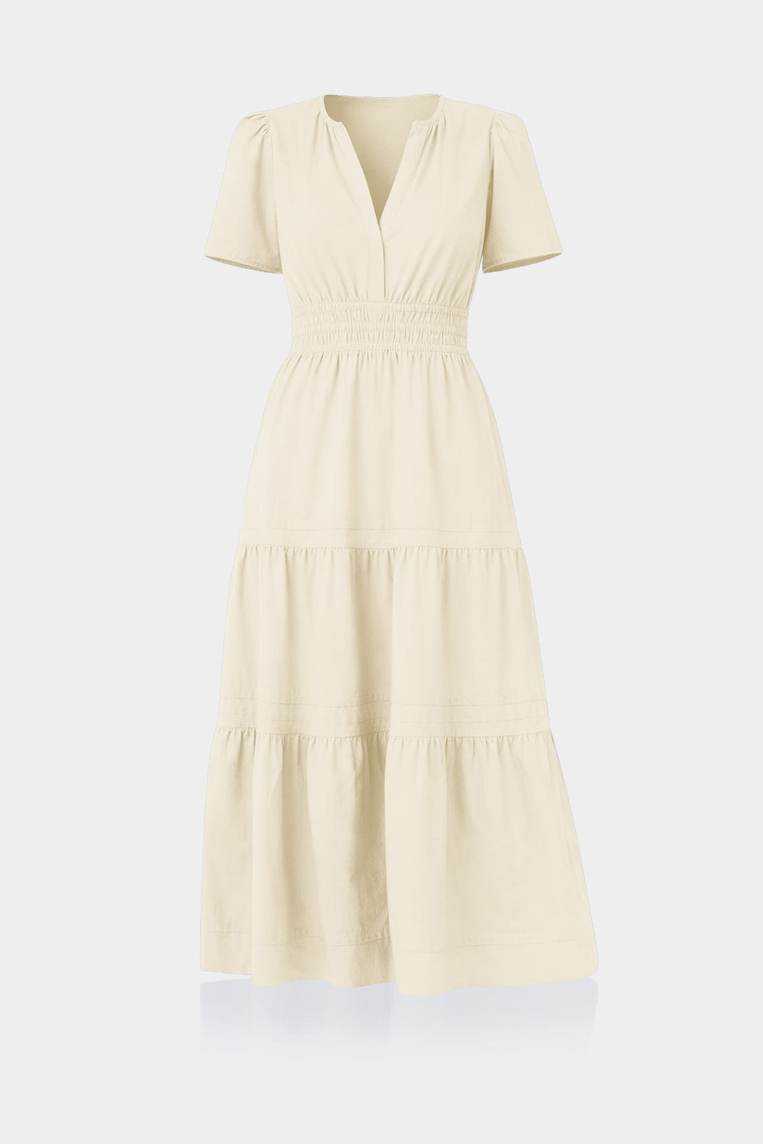 Standard / S Ivory Smocked Waist Cotton Midi Dress for Women – Cotton Destination Wedding Dress