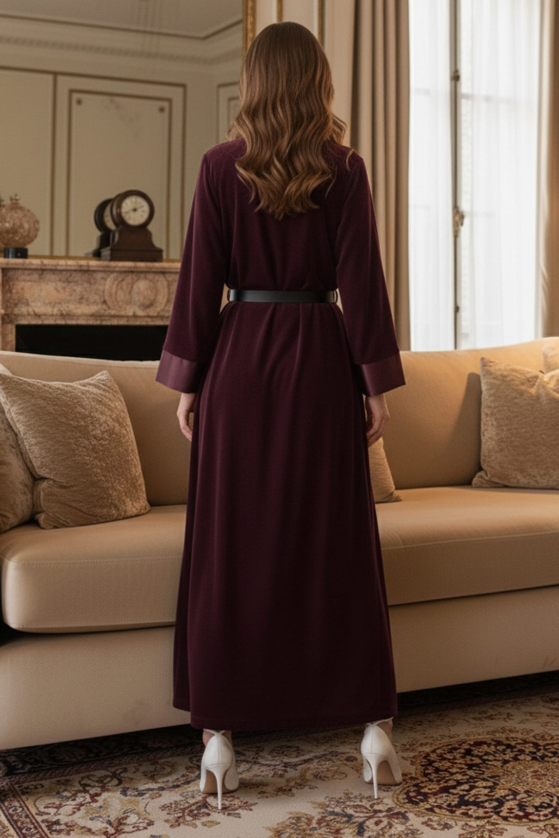 Trendy velvet duster coat for layering, Shahida,
