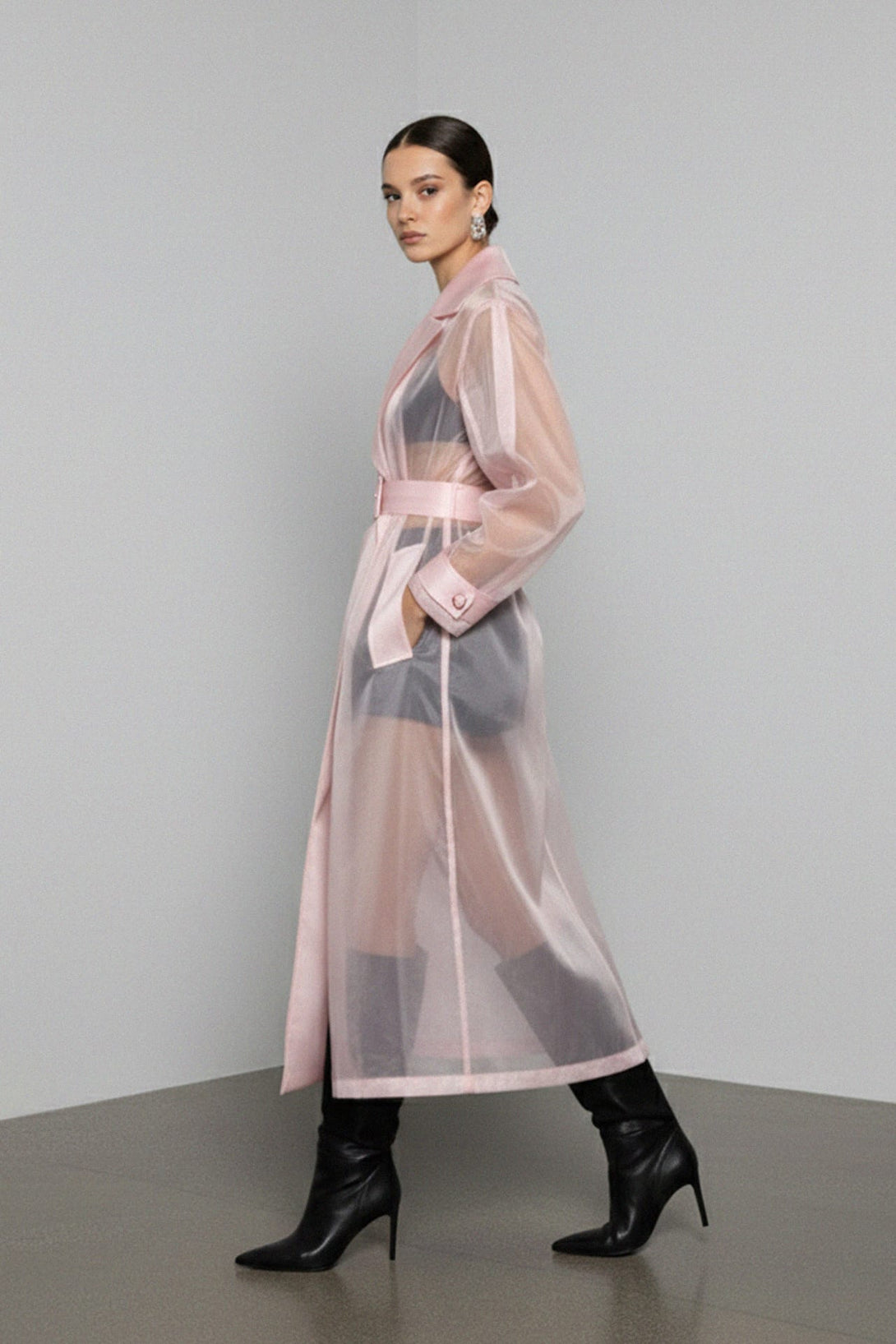 Luxury long organza trench coat for evening looks, Shahida