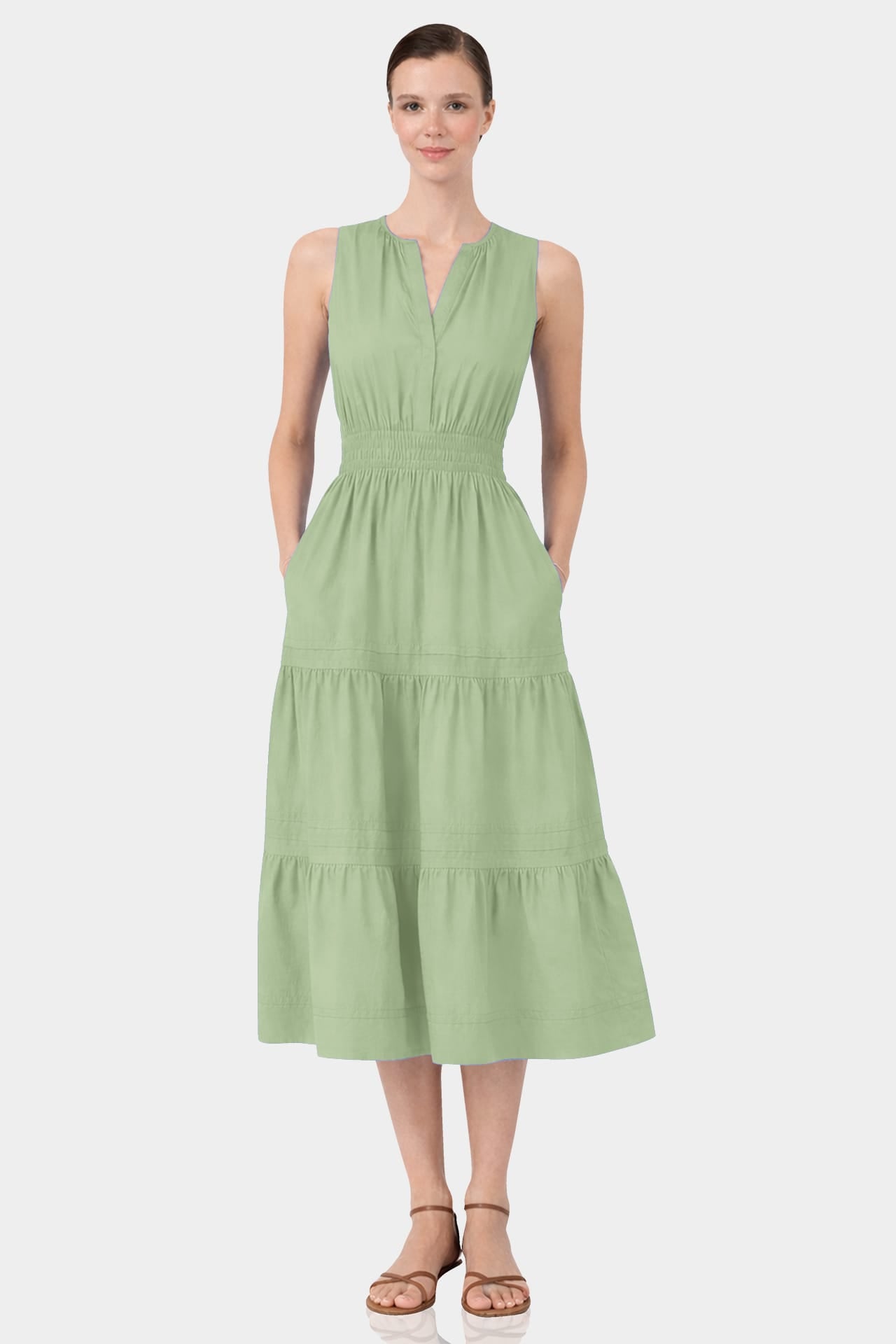 S Sage Green Smocked Waist Cotton Midi Dress for Women – Garden Party Dress