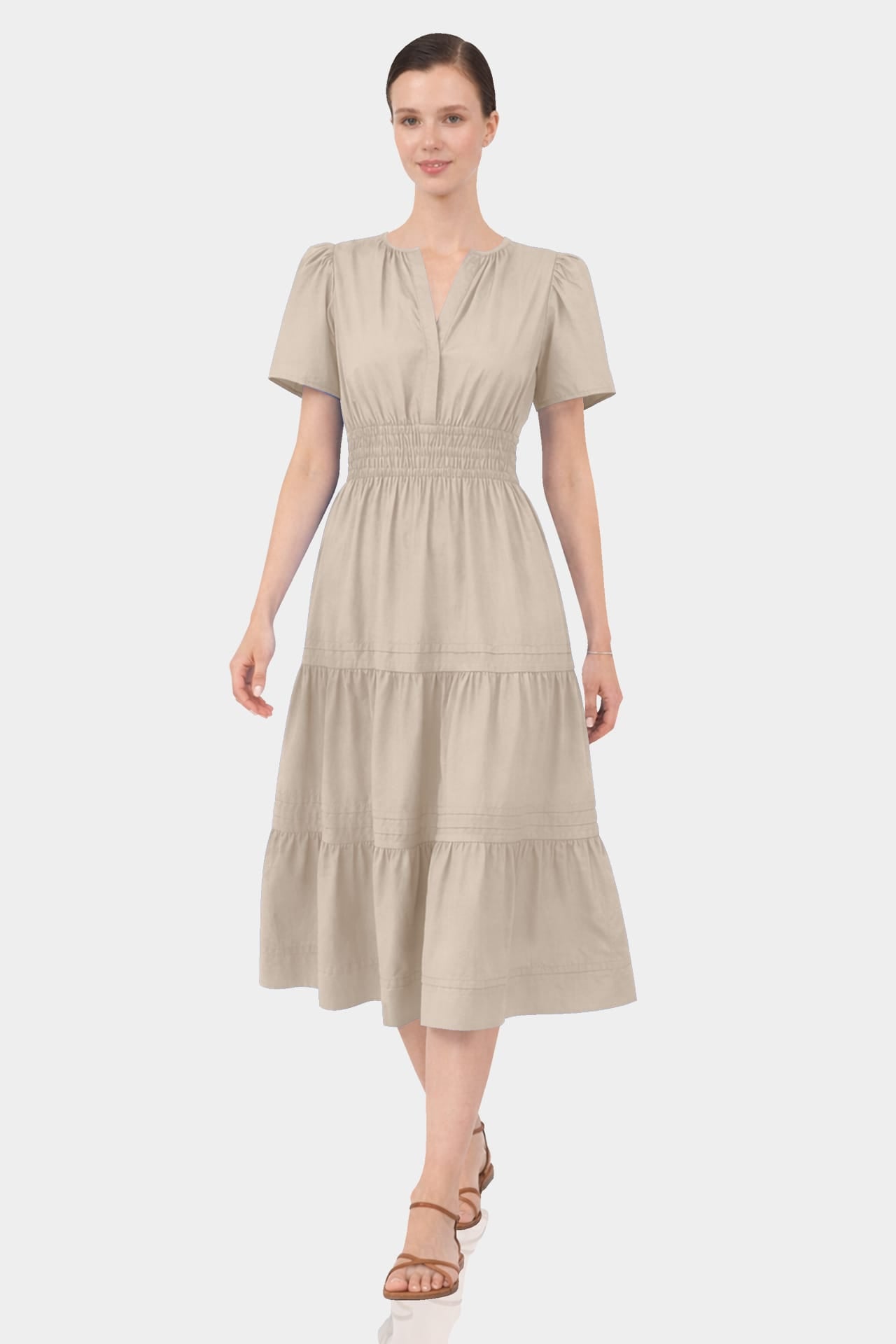 Standard / S Taupe Smocked Waist Tiered Cotton Midi Dress for Women – Cotton Summer Dress