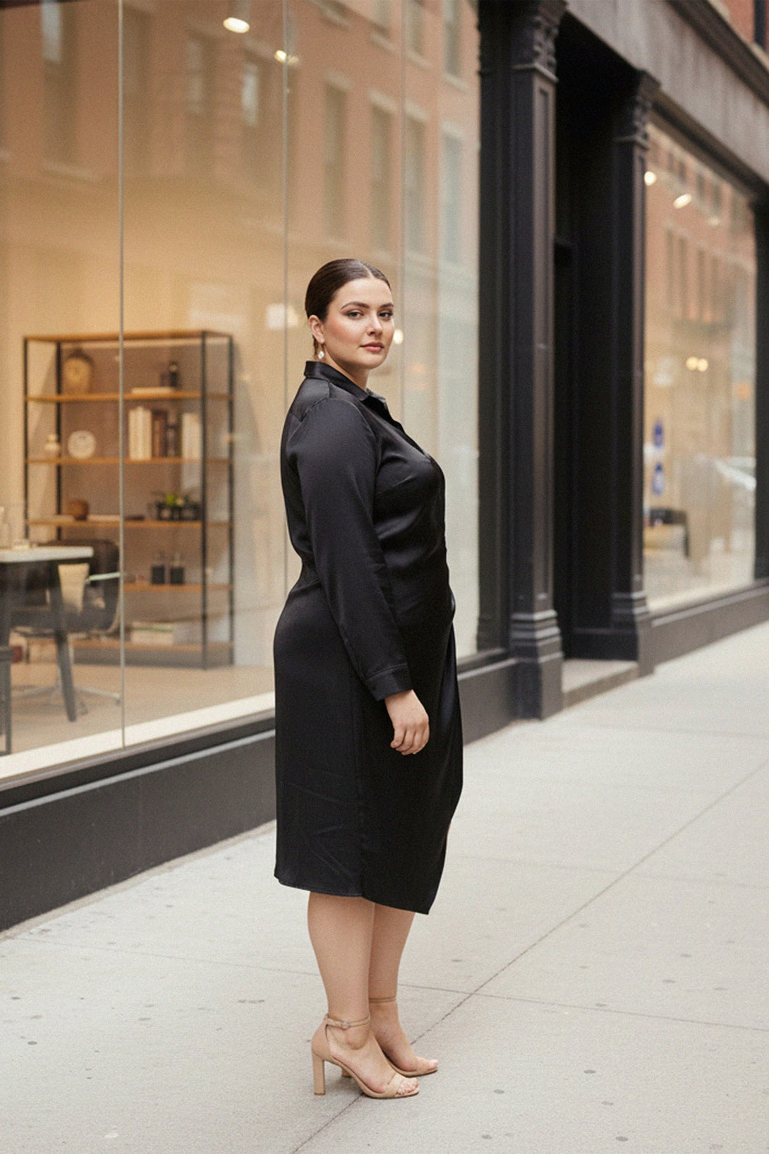 premium black satin dress long sleeve classy evening look, shahida