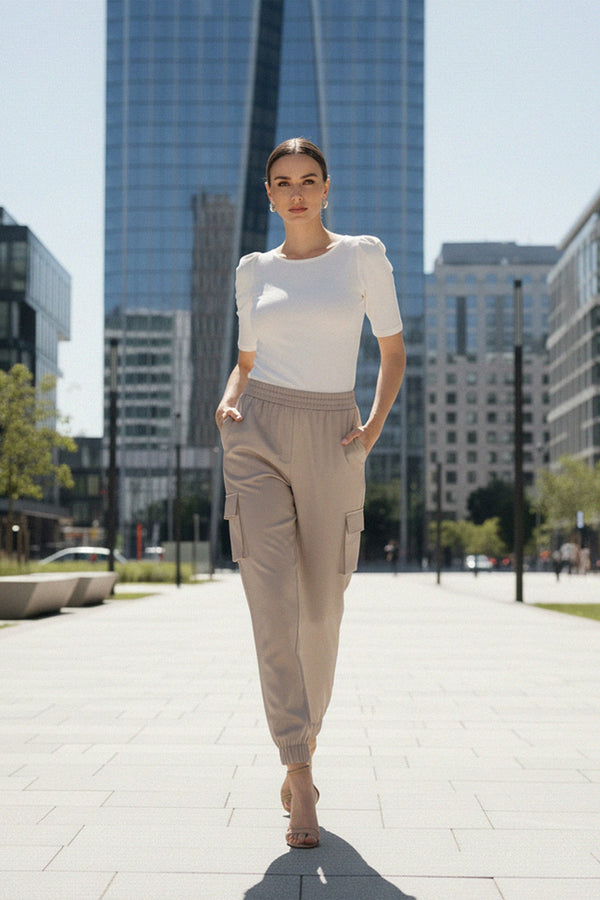 premium soft fabric joggers for ladies, women’s utility cargo joggers street style, shahida