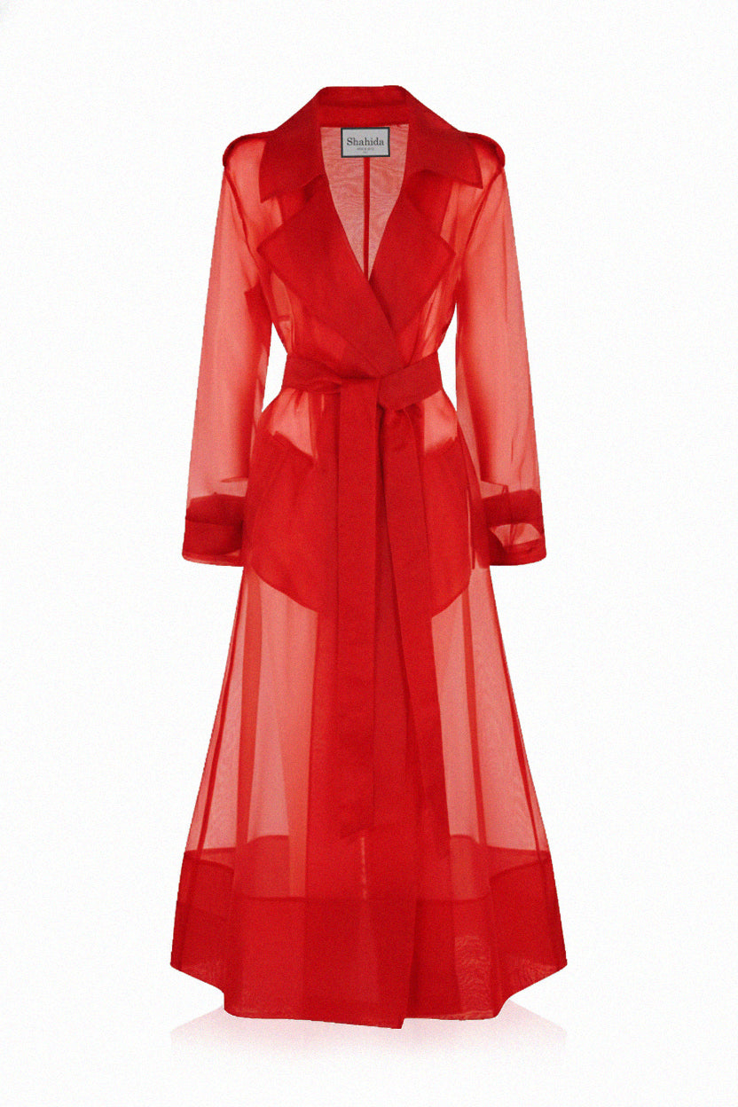 Red Sheer Silk Organza Trench Coat | Wedding & Evening Layer