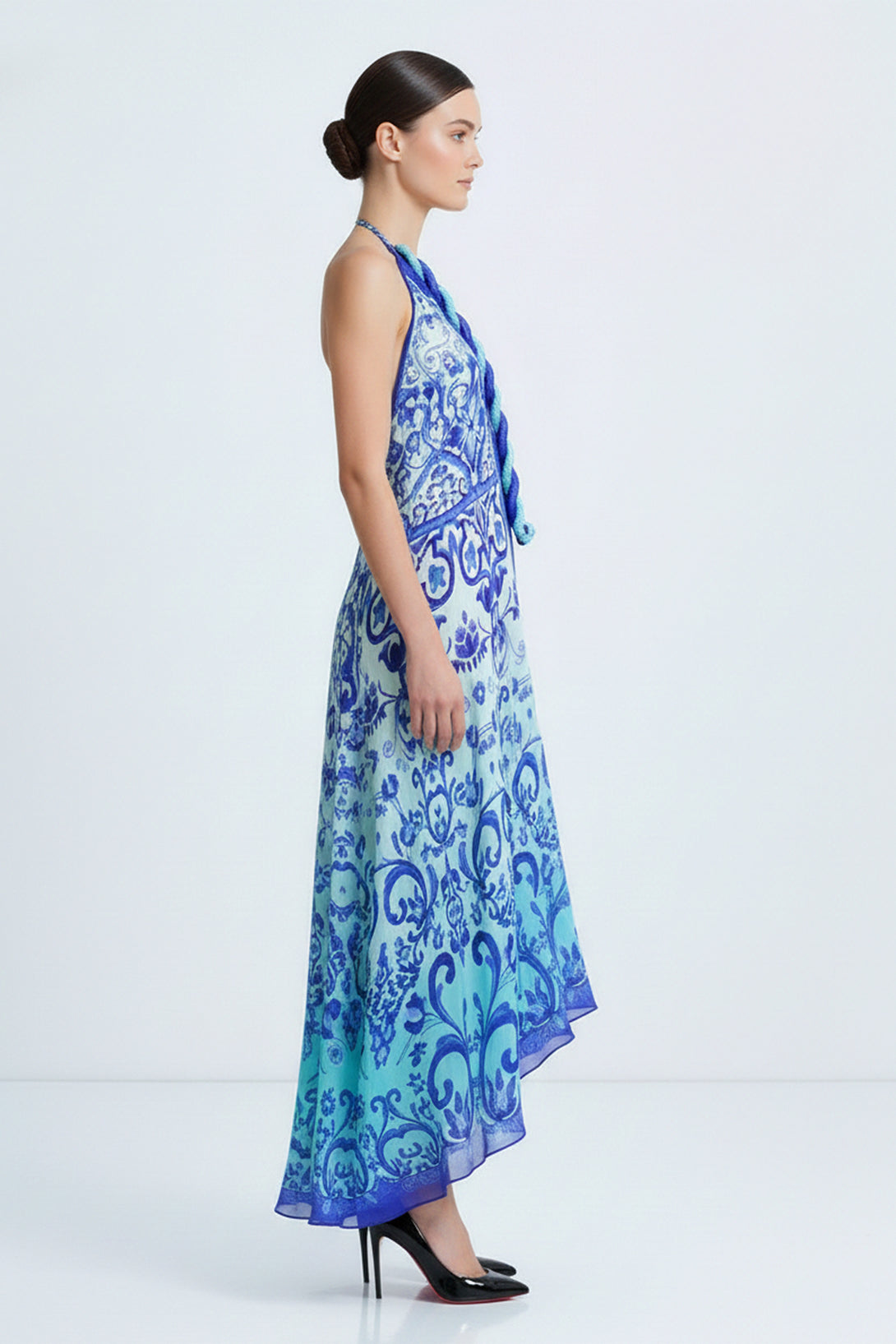 Luxury Blue Silk Printed Silk Scarf Maxi Dress  Shahida Parides