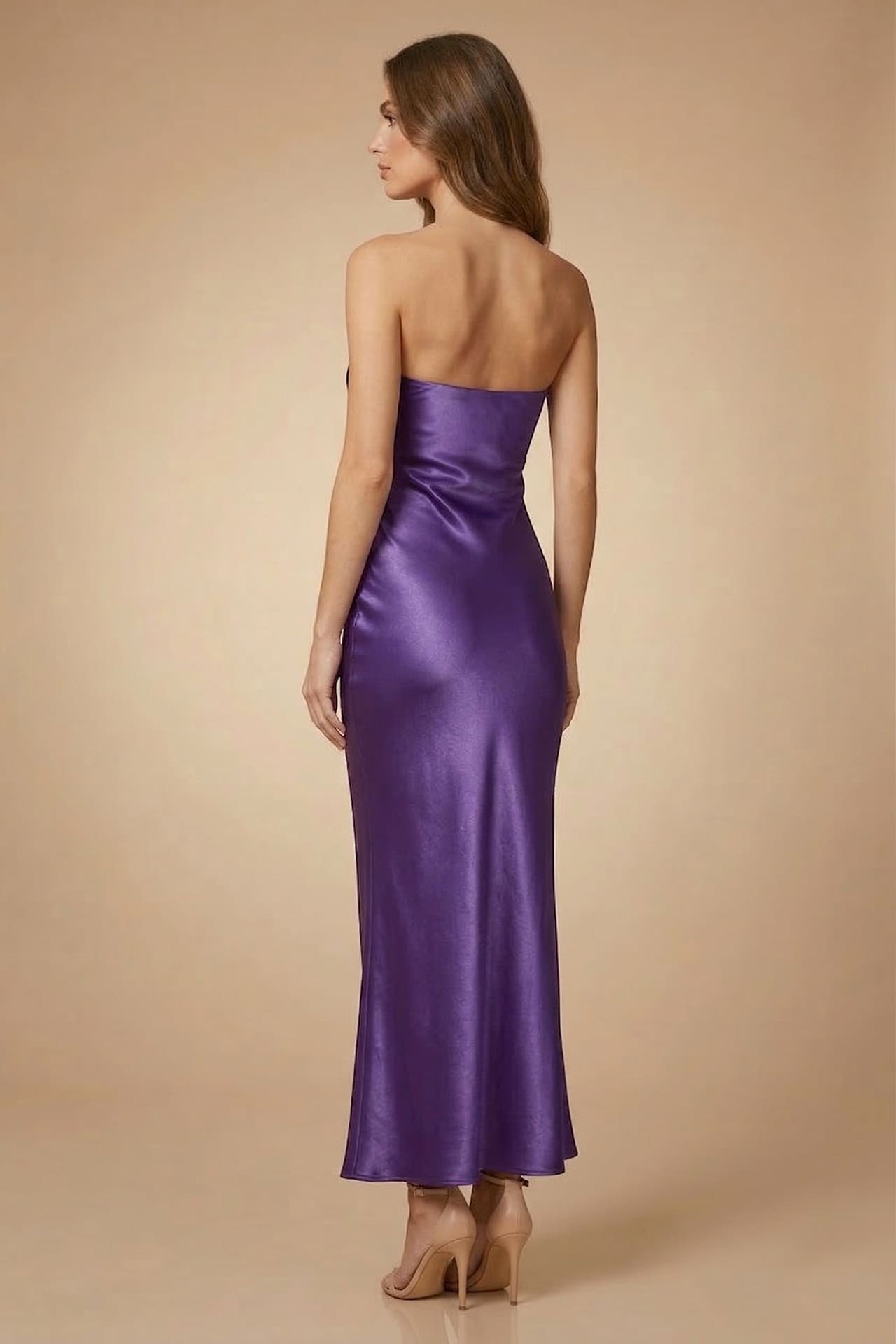 S Amethyst Strapless Satin Midi Bridesmaid Dress for Wedding