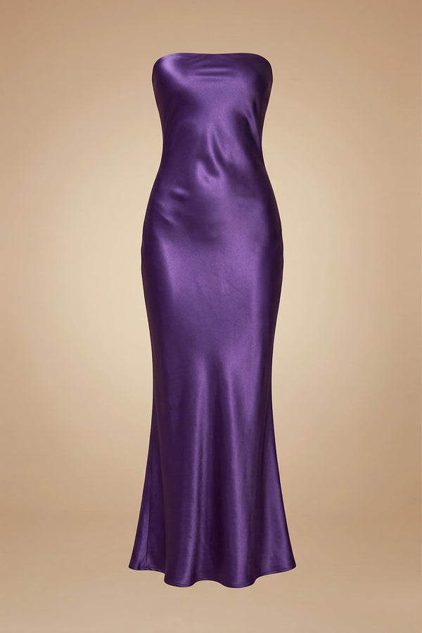 S Amethyst Strapless Satin Midi Bridesmaid Dress for Wedding