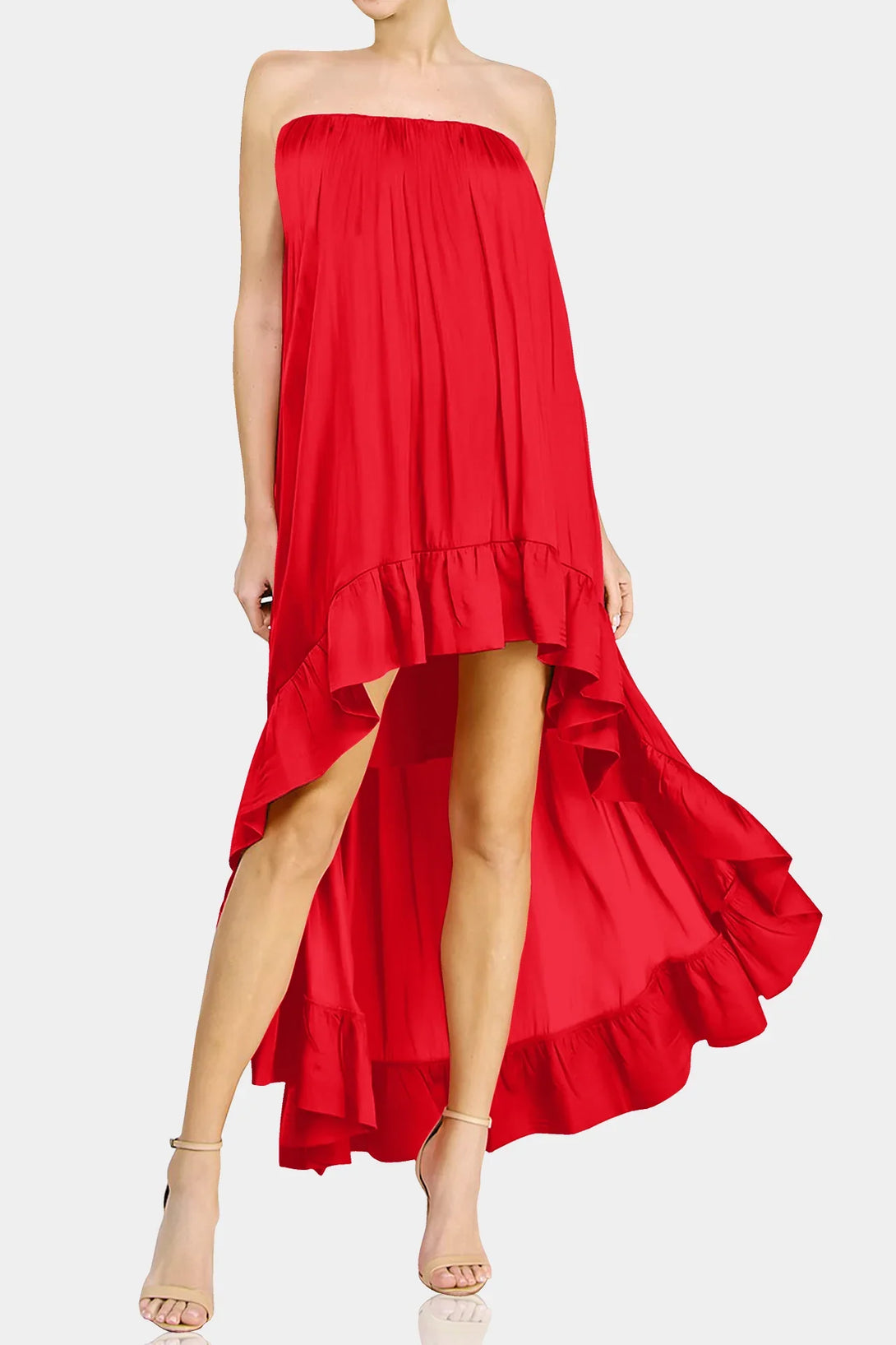 Elegant asymmetrical red strapless high low cocktail dress for women from Shahida Parides designer collection