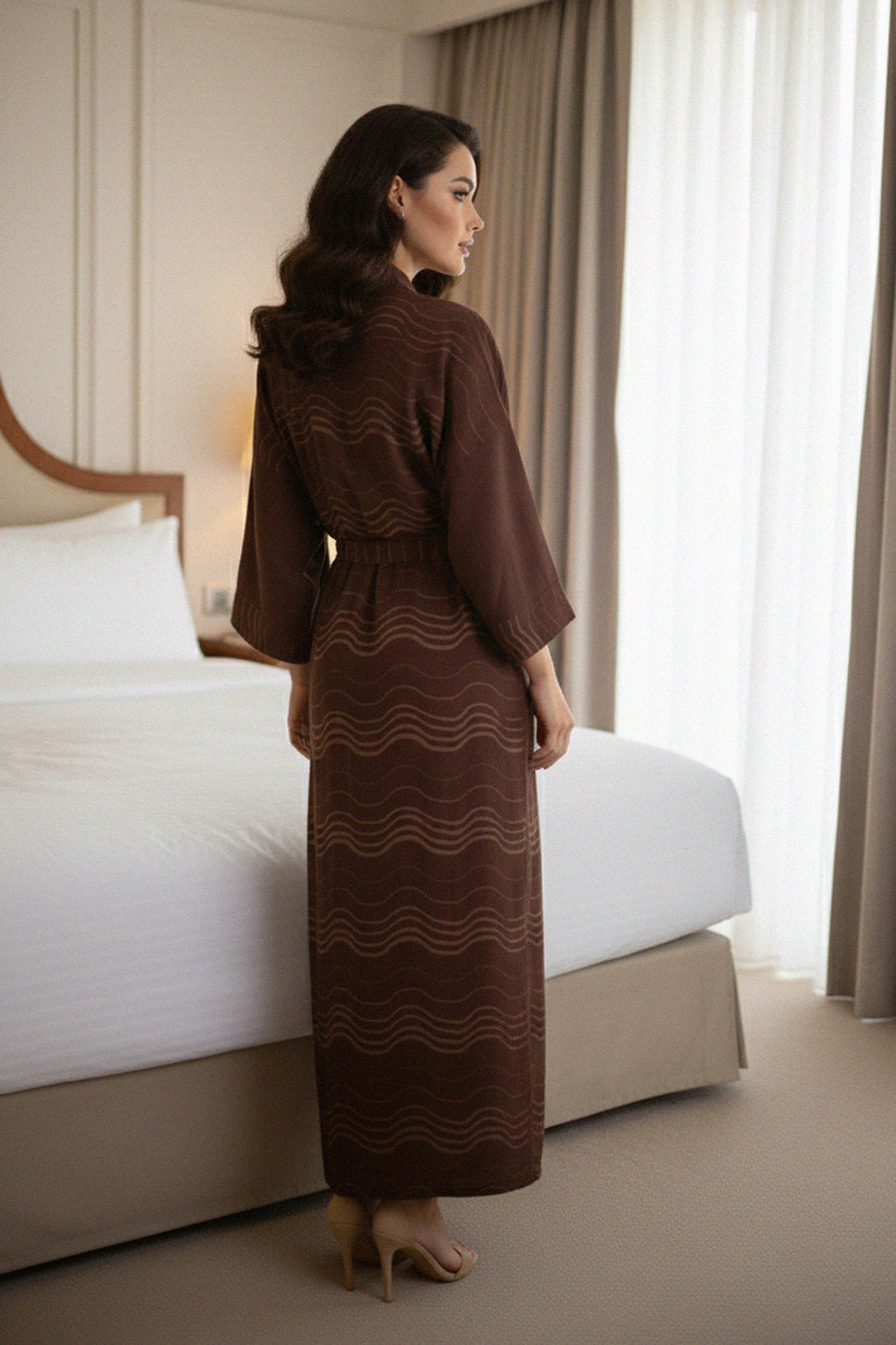 back view kimono, luxury stripe robe, brown belted wrap, elegant loungewear kimono