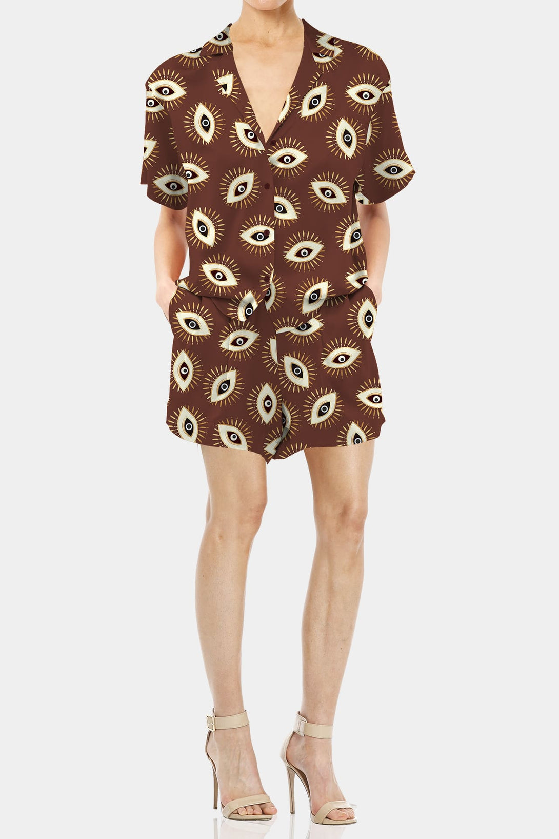 Brown Evil Eye printed women’s co-ord set with shirt and shorts, Shahida