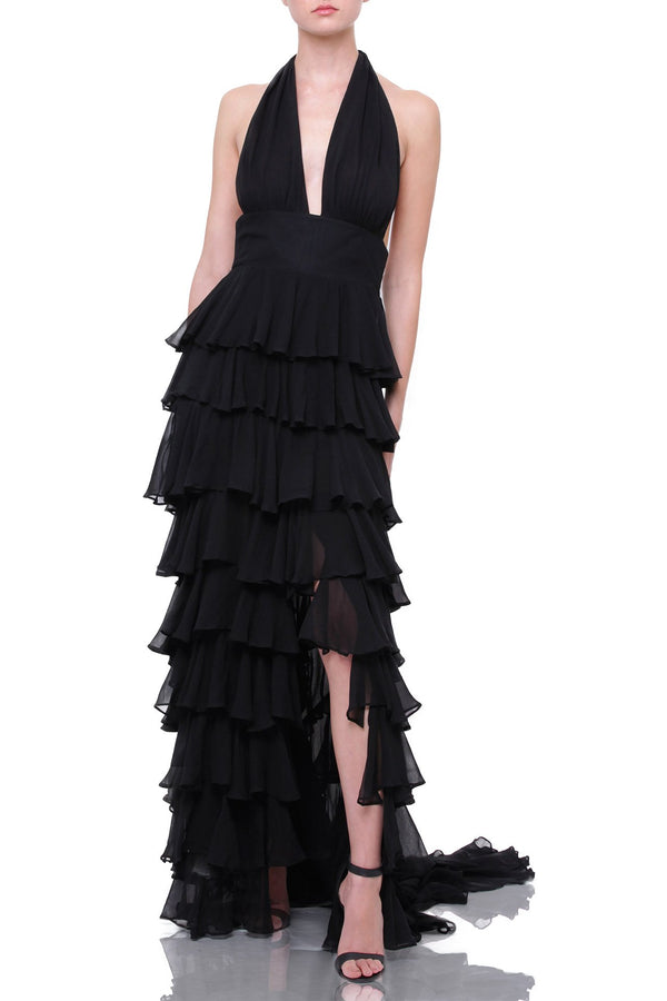 long black open back dress, deep plunge neckline dress, maxi dresses for women, tiered ruffled maxi dress,